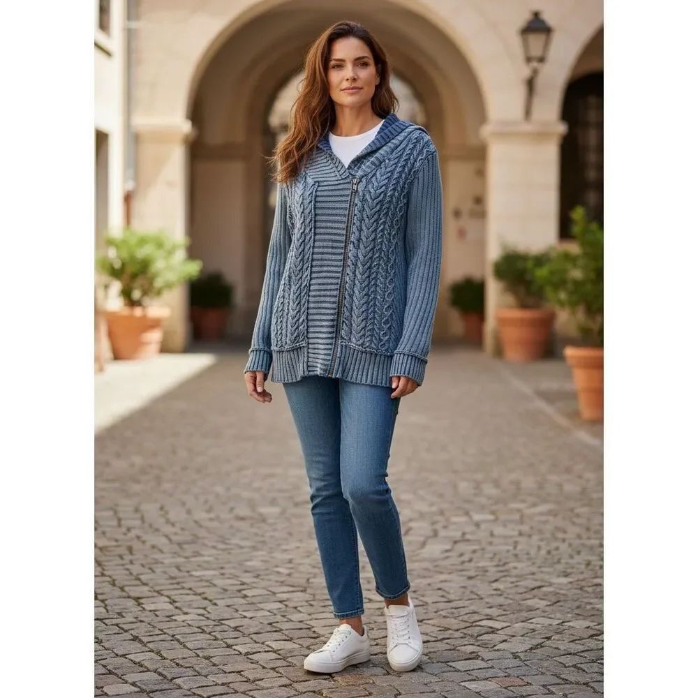 Nine West Women's Cardigan Zip Sweater Cable Knit Fisherman Blue Size Med